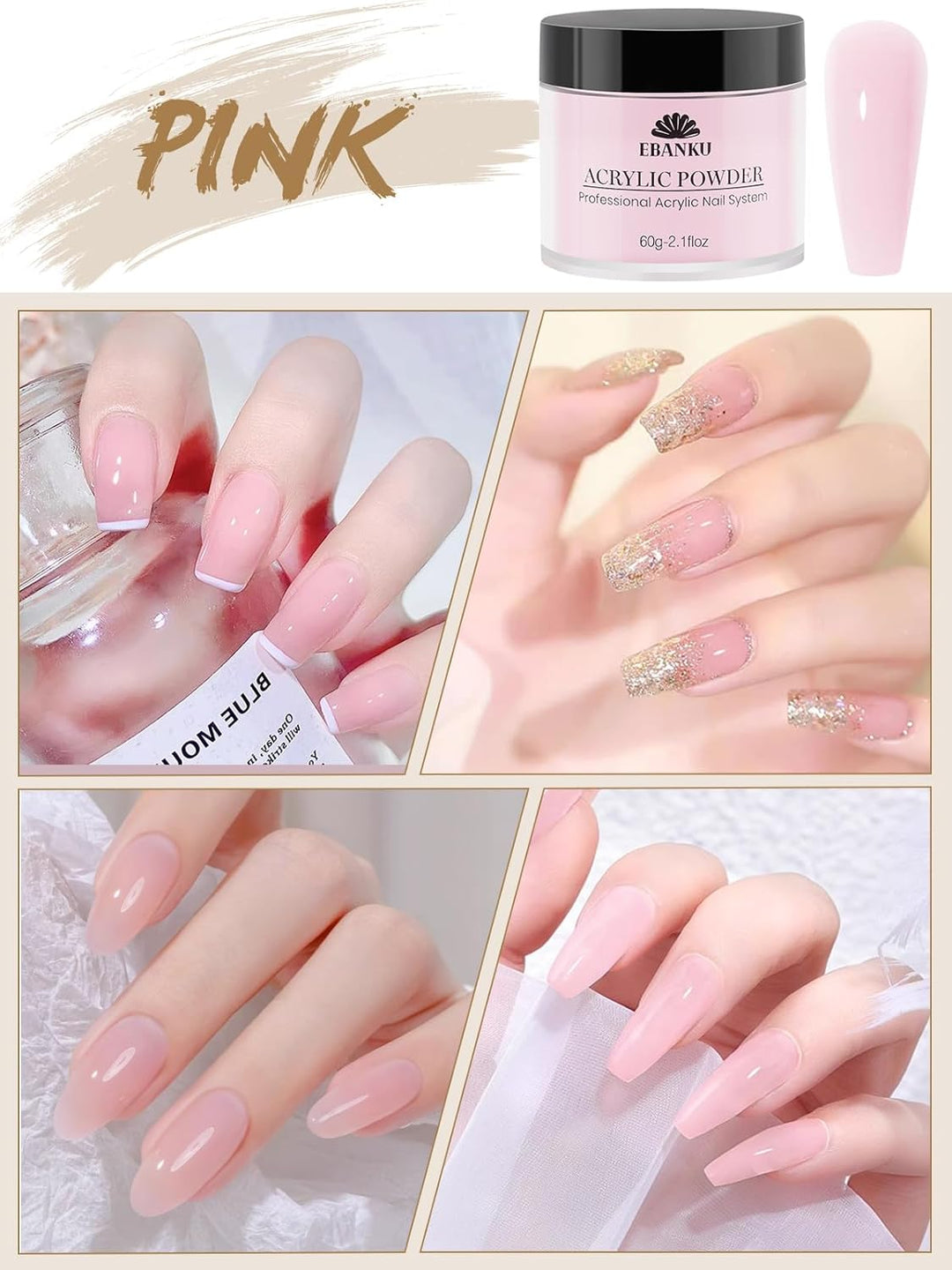 EBANKU 2 x Professionelles Acryl-Pulver für Nagelverlängerungen, raues Rosa, für Nagelverlängerungen