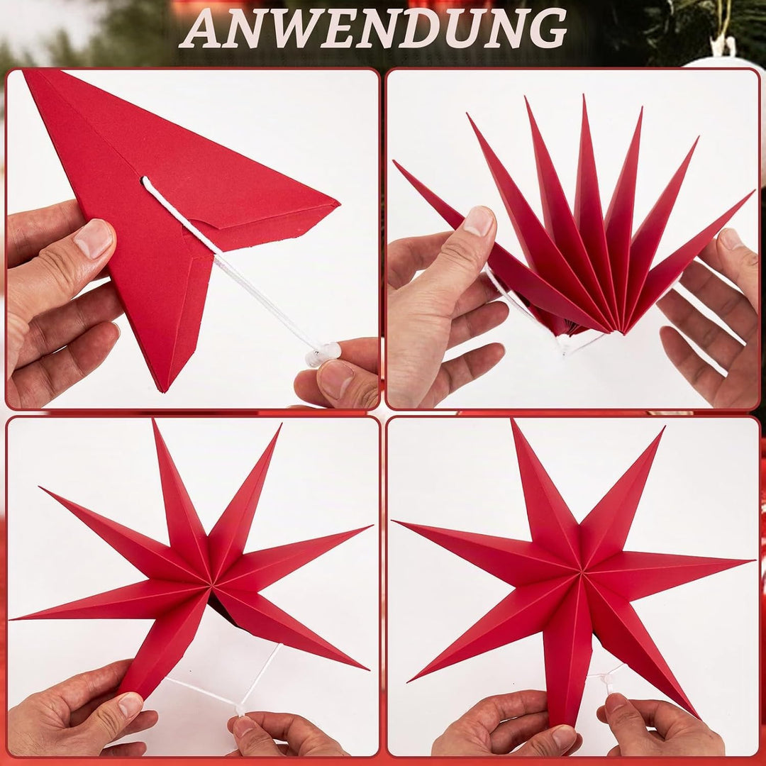 Weihnachts Papiersterne Ornamente Set - 5 Stück 3D Faltbare Hängende Sterne in Rot, Weiss, Braun und