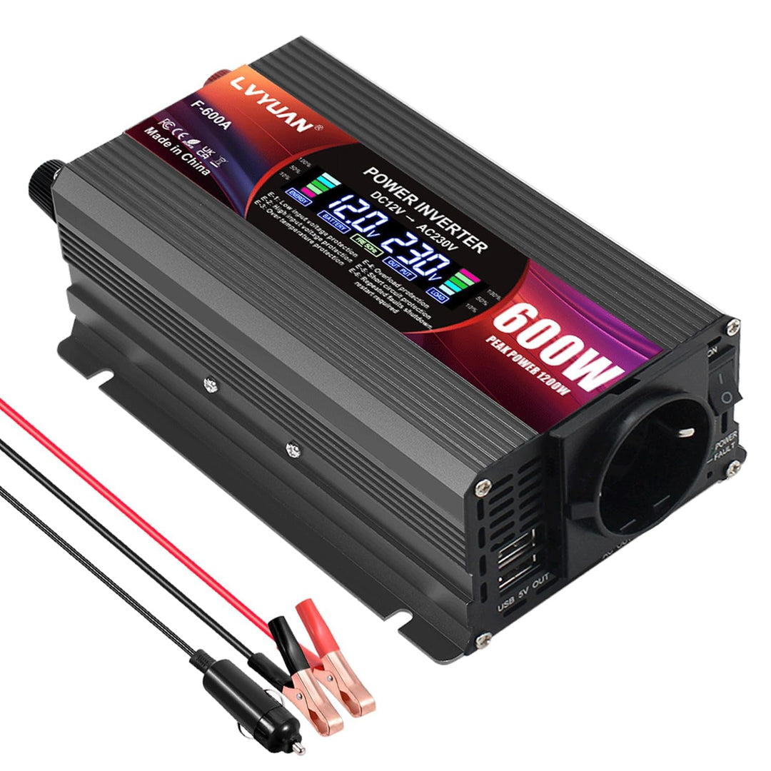 LVYUAN Wechselrichter 12V 230V 600W/ 1200W DC auf AC Spannungswandler 1 AC Steckdose & 2 USB Port St