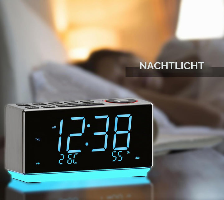 iTOMA Wecker mit FM-Radio, USB-Aufladung, 1.8'' Ice Blue LED-Anzeige, Nachtlicht, Dual Alarm, Snooze