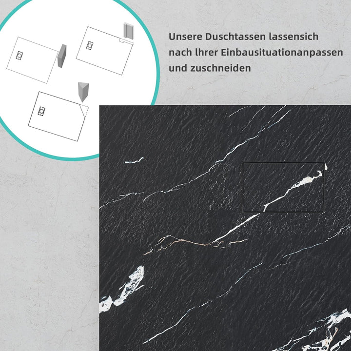 Duschwanne 140x90 cm SMC Flache Antirutsch Schieferoptik Duschtasse, 26mm Zuschneidbare Brausewanne