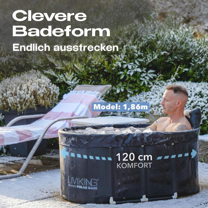 Eisbad 120 cm Komfort-Komplettset – faltbare Badewanne von LIVIKING® Schwarz 120 cm – Classic, Schwa