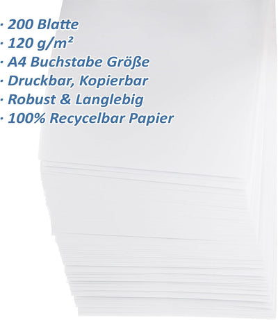 200 Blatt Druckerpapier A4 120g Weiss, 210× 297 mm Inkjet/Kopierpapier, Weiss
