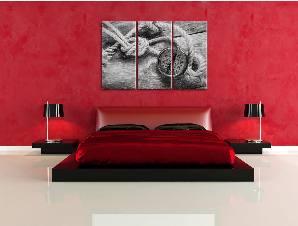 Pixxprint Schiffseil und Kompass als Leinwandbild/Grösse: 3 Teilig (120x80 cm) cm/Wandbild/Kunstdruc