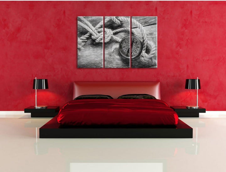 Pixxprint Schiffseil und Kompass als Leinwandbild/Grösse: 3 Teilig (120x80 cm) cm/Wandbild/Kunstdruc