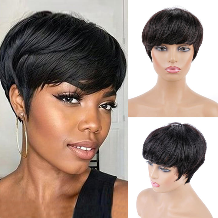 Huarisi Short Layered Pixie Cut Wig with Bangs Human Hair for Black Women Glueless Bob Wigs None Lac