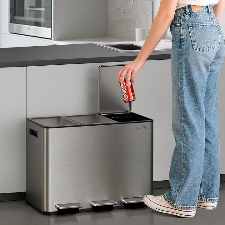 mVm Mülleimer Küche,45 Liter Treteimer,3 x 15 Liter Treteimer, 3 Fächer, Mülltrennsystem, Abfalleime