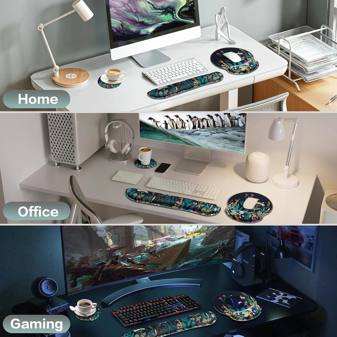 3-in-1 Mousepad Set,Mauspad mit Gelkissen+Handballenauflage Tastatur+Untersetzer,Mauspad XXL mit Rut