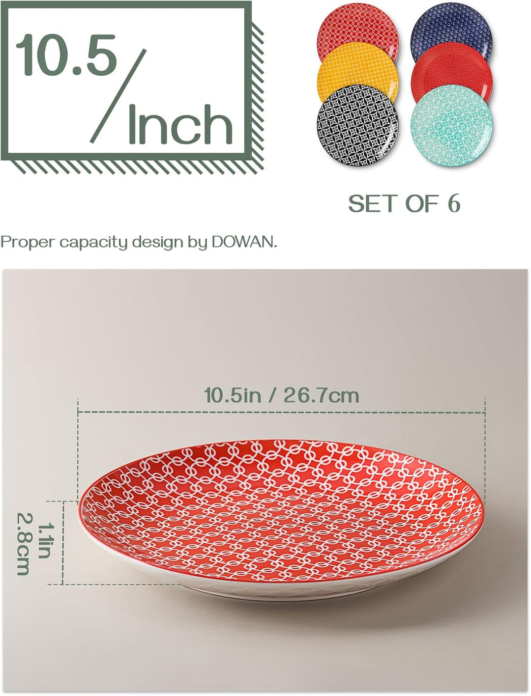 DOWAN 27cm Speiseteller Keramik, Essteller Set 6 Stück, Tellerset Bunt Gross, Porzellan Pasta Salatt