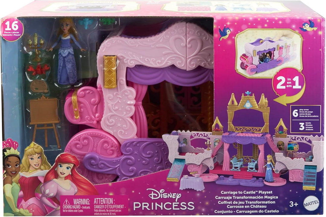 Mattel Disney Prinzessin Verwandlungs-Spielset Kutsche zu Schloss mit kleiner Puppe Aurora, 3 Ebenen