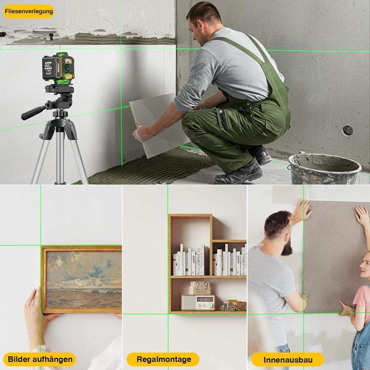 Alloyman Kreuzlinienlaser mit Stativ, 4×360°Laser Wasserwaage, 4D Selbstnivellierend Grün Linienlase