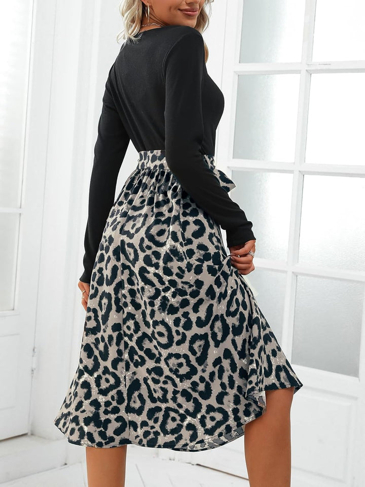 CUPSHE Damen Herbst Kleid V Ausschnitt Langarm Bindegürtel A Linie Leopardenmuster Partykleid Freize