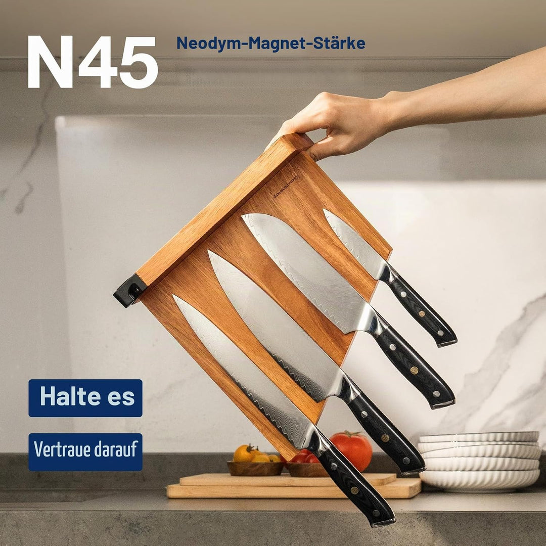 Messerblock Magnetisch mit Integriertem Schärfer, 100% Akazienholz Messerblock ohne Messer, Starker