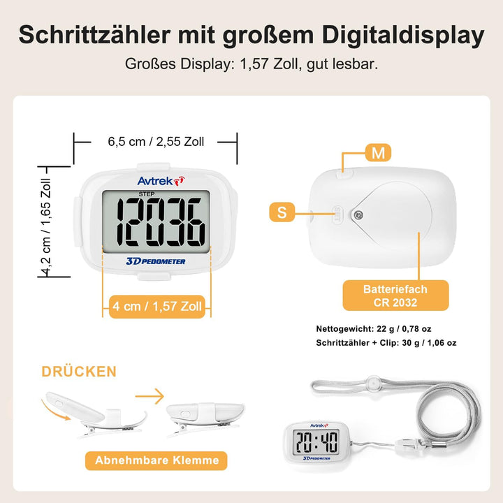 AVTREK Präziser 3D-Schrittzähler Mini-Schrittzähler für Walking oder Laufen im Freien Wanderaktivitä