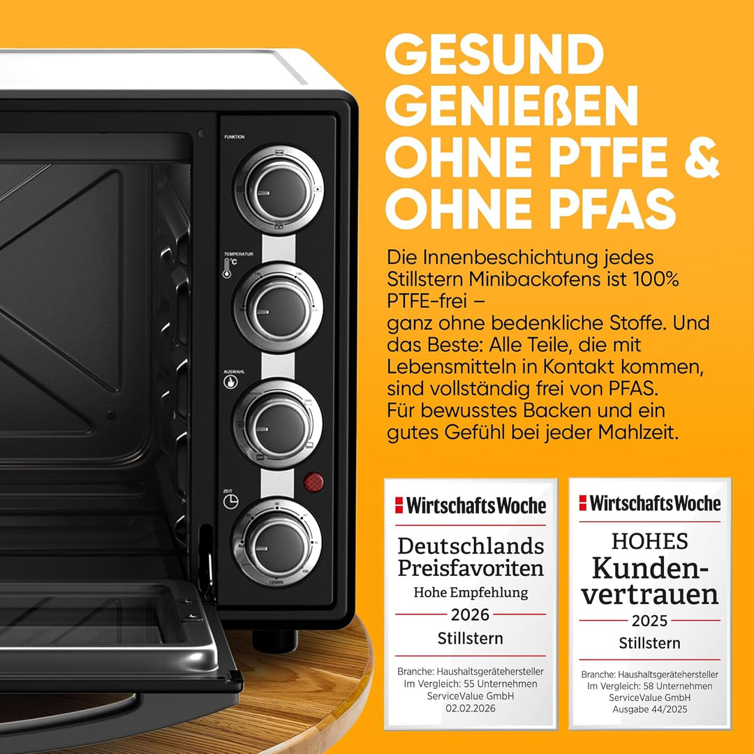 Stillstern Minibackofen mit Umluft (45L) Deutsche Version, 13 Programme, Zubehör 2x Backblech, Drehs