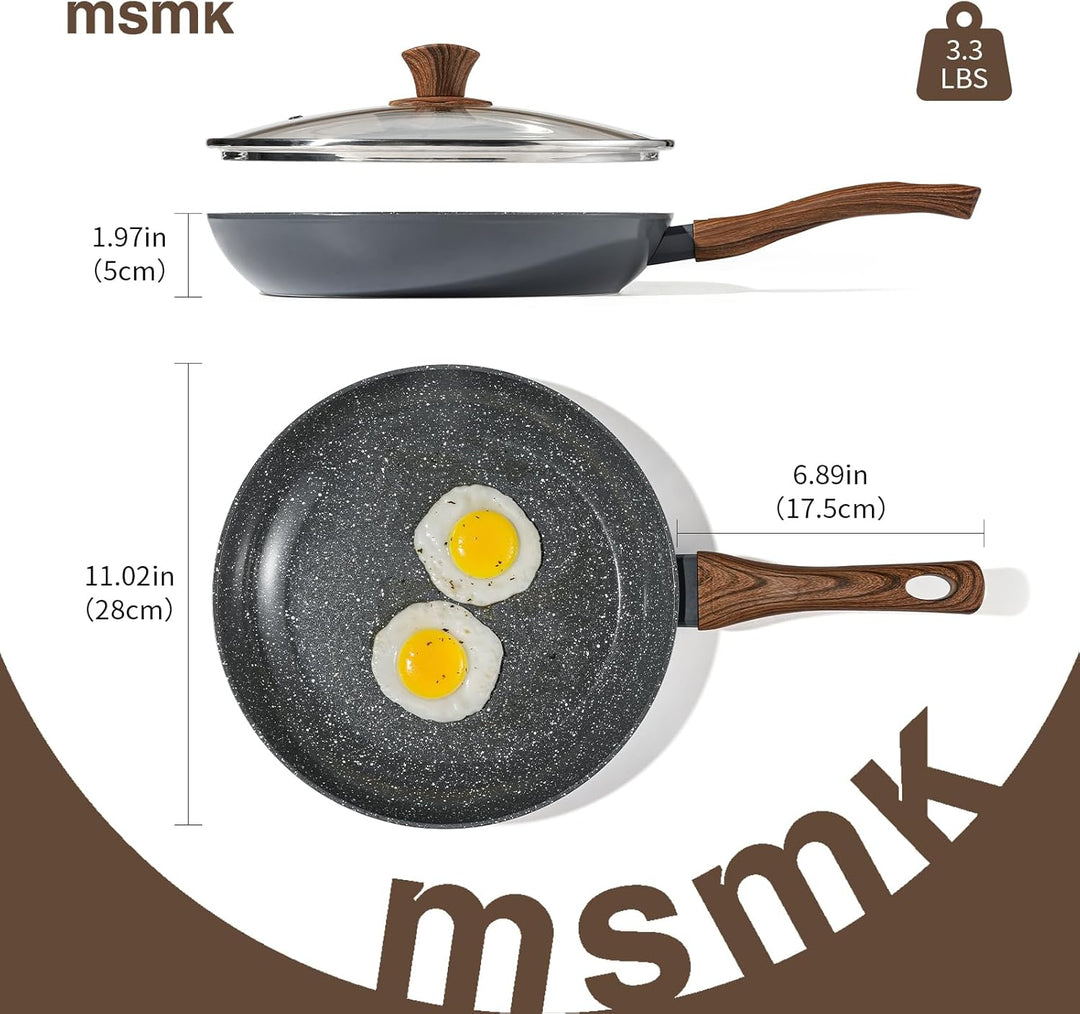 MSMK 28 cm Antihaft-Keramik-Bratpfanne mit Deckel & rotem Schlitzwender, Für Gasherd Induktion, Holz