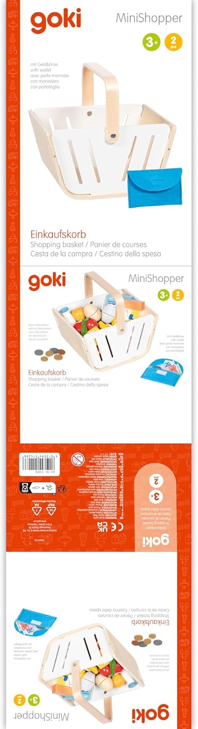 goki 51428 - Einkaufskorb MiniShopper, Tragekorb aus Holz mit klappbaren Tragegriff & Geldbörse aus