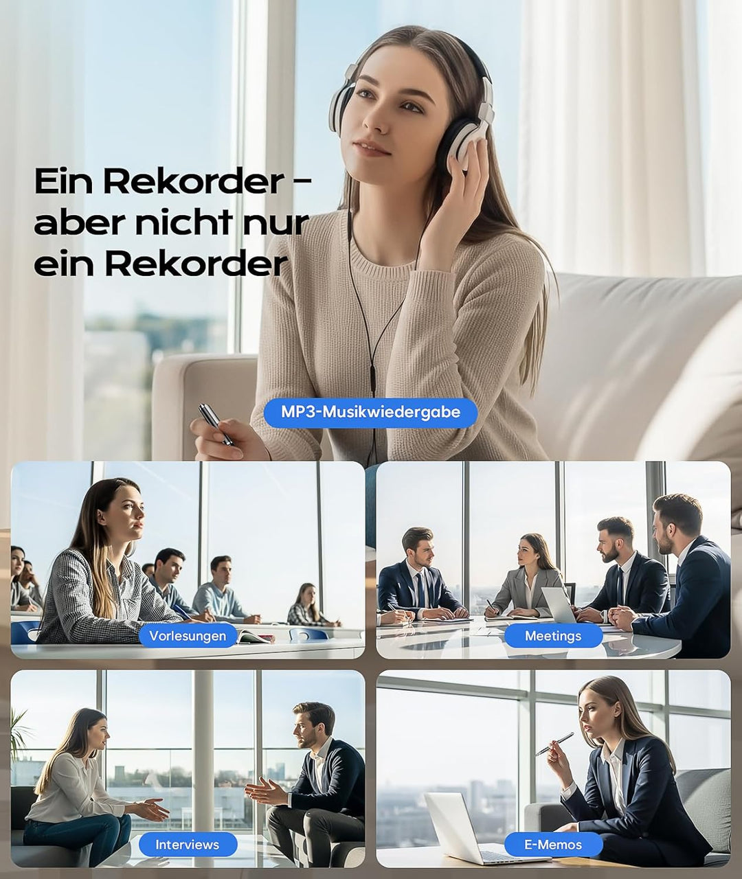 Diktiergerät mit USB-C, Speicher Diktiergerät Aufnahmegerät, Wiedergabe mit DSP-Rauschunterdrückung