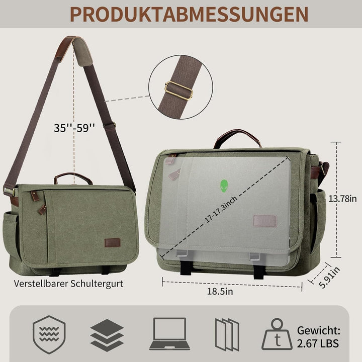 ESTARER Laptoptasche 17 Zoll Umhängetasche Canvas für Arbeit Uni, Armeegrün Grün 17.3 Zoll (Schnalle