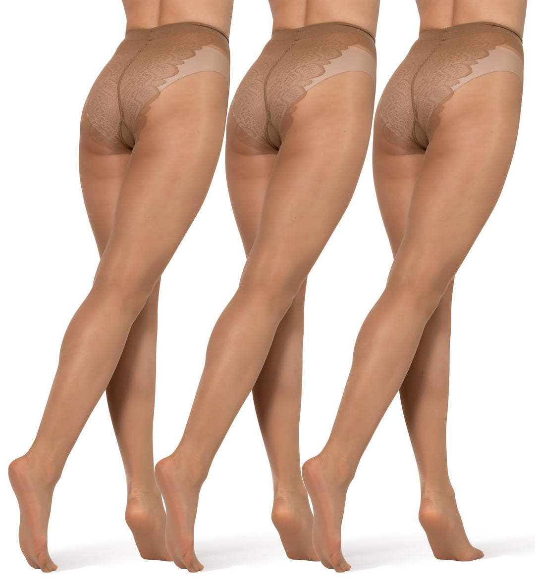 BANANALU 40 Den Spitzen Strumpfhose Bikinihöschenteil Mattoptik S Caramel - 3er Set, S Caramel - 3er