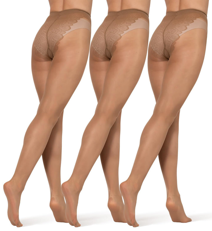 BANANALU 40 Den Spitzen Strumpfhose Bikinihöschenteil Mattoptik S Caramel - 3er Set, S Caramel - 3er