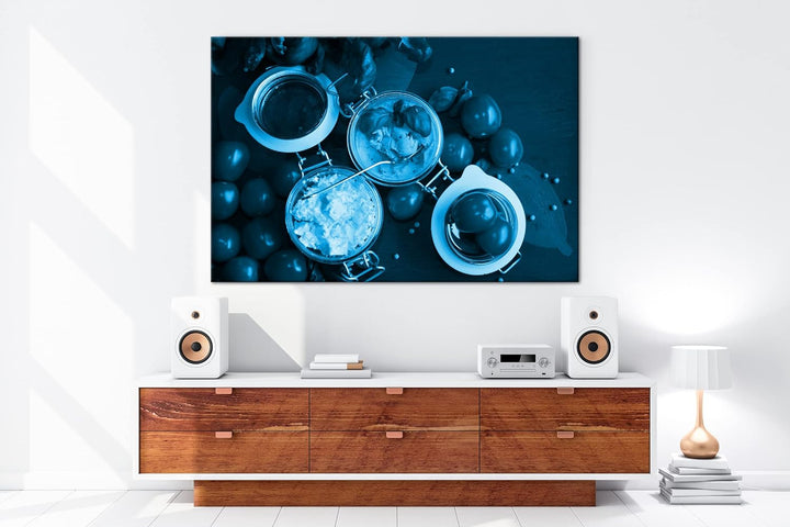 deyoli Tomaten Schafskäse und Basilikum Format 80x60 Effekt: Monocrome Blau als Leinwandbild, Motiv