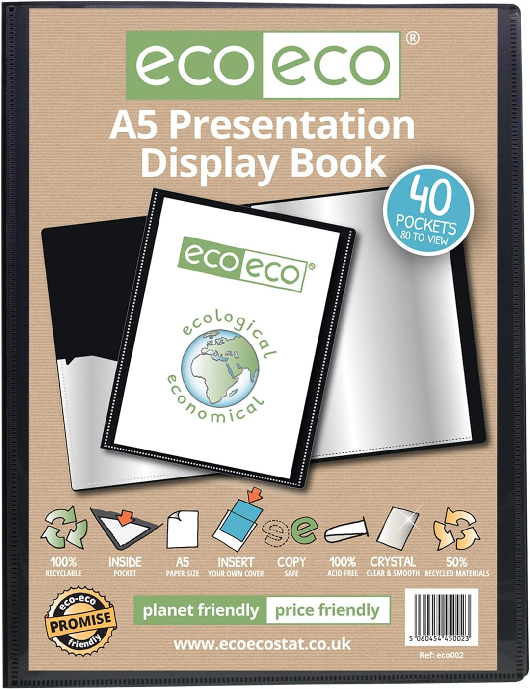 eco-eco A5 50% Recycelt 40 Taschen-Schwarz-Farbe Päsentationsdisplay Book (Packung mit 12) 40 Pocket