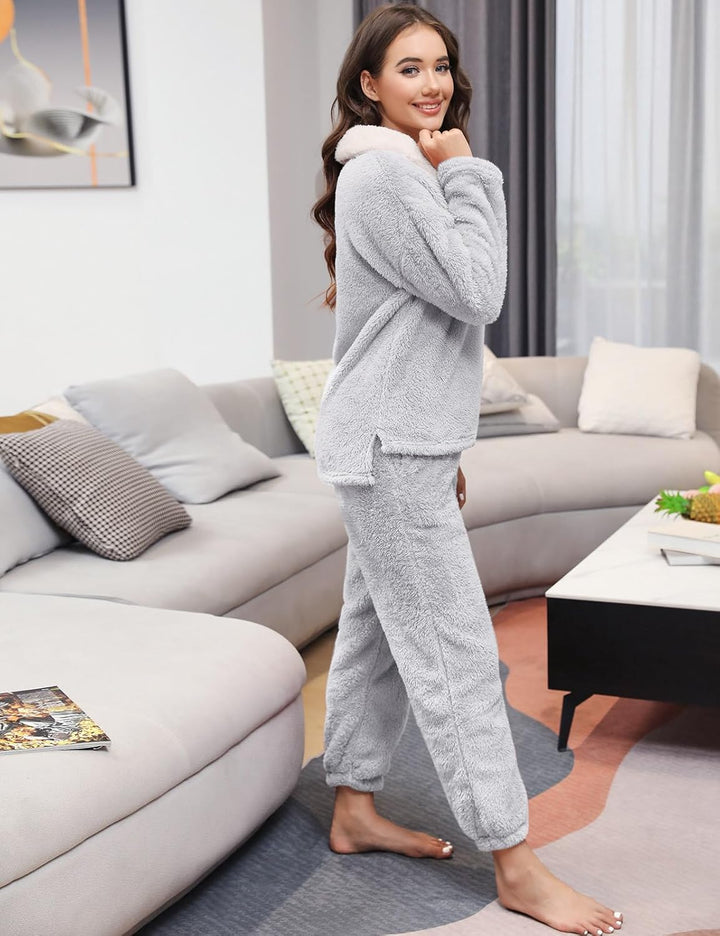 Schlafanzug Damen Winter Thermo Pyjama Lang Fleece Hausanzug Kuschelig Warm Pyjama Set Flauschig Fre