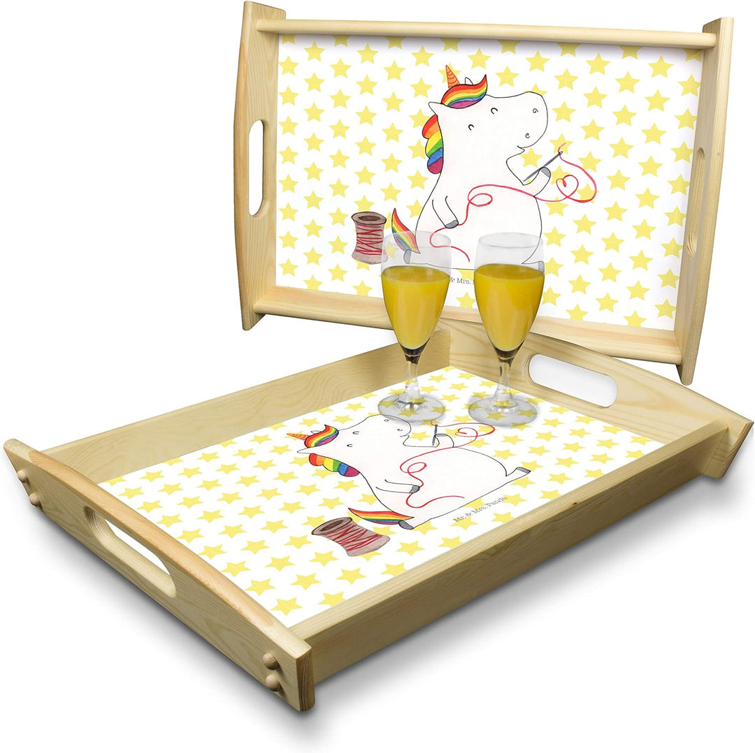 Mr. & Mrs. Panda Sofa Tablett Einhorn Näherin - Geschenk, sofatablett, Holztablett, Servierplatte Ho