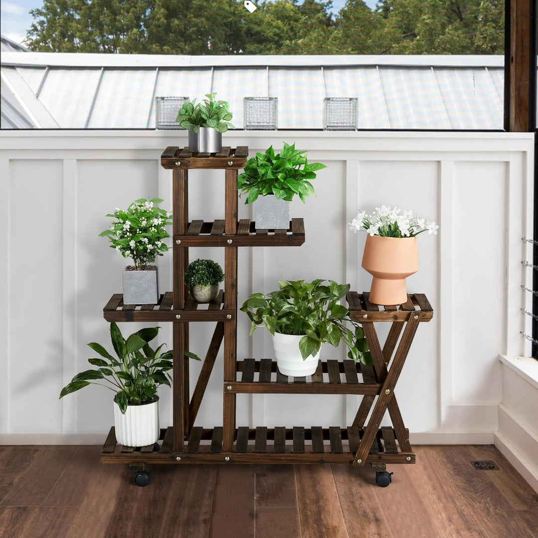 Yaheetech Pflanzentreppe Holz Blumenständer mit Rollen Pflanzenregal Blumenregal Balkon Blumentreppe