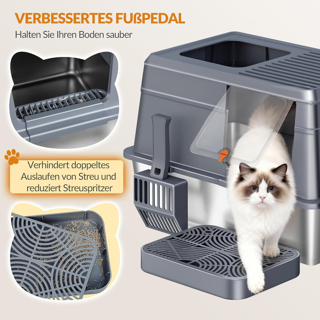 Katzenklo Edelstahl mit Deckel, XXL Geschlossene Katzenklo, Katzentoilette mit Trittstufe und Schauf