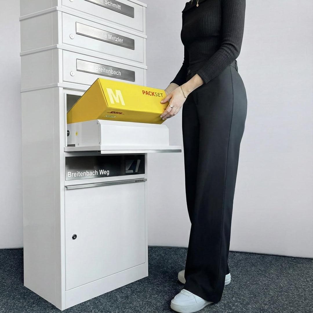 Metzler Paketbox mit 3 Briefkästen – 3er Briefkasten mit Paketfach & Namensgravur, personalisierte B