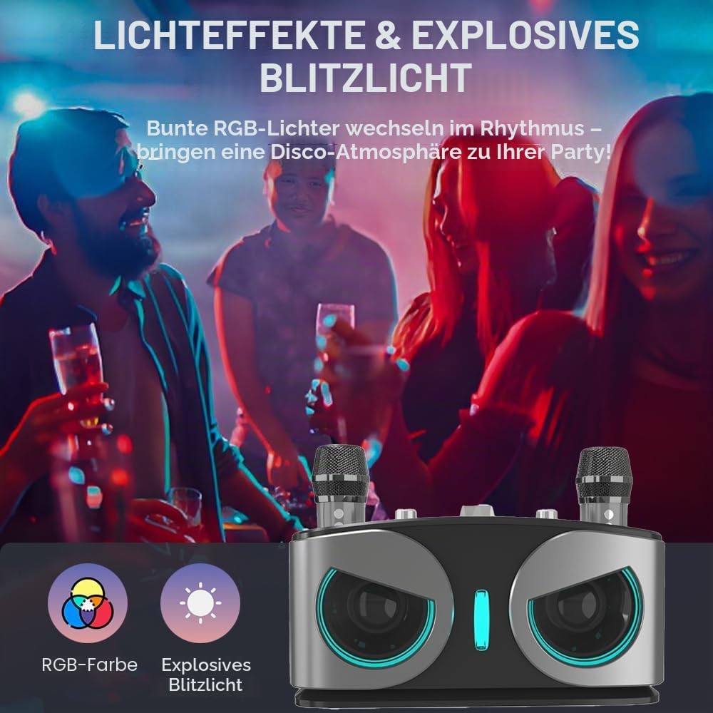 Karaoke Maschine mit 2 Mikrofonen, Tragbare Karaoke Anlage mit DJ-Lichtern für Partys zu Hause, im F