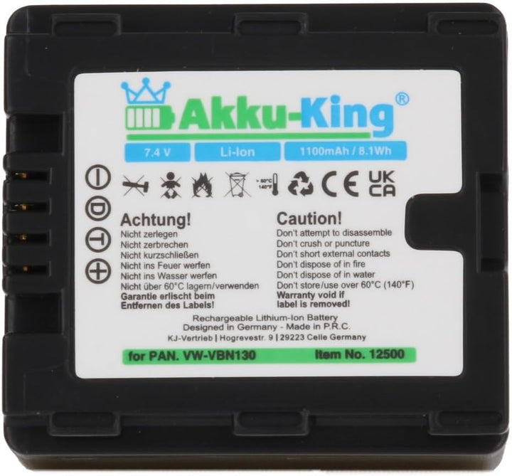 Akku-King Akku kompatibel mit Panasonic VBN130, VBN130E, VBN130E-K, VBN260, VBN260E, VBN260E - Li-Io