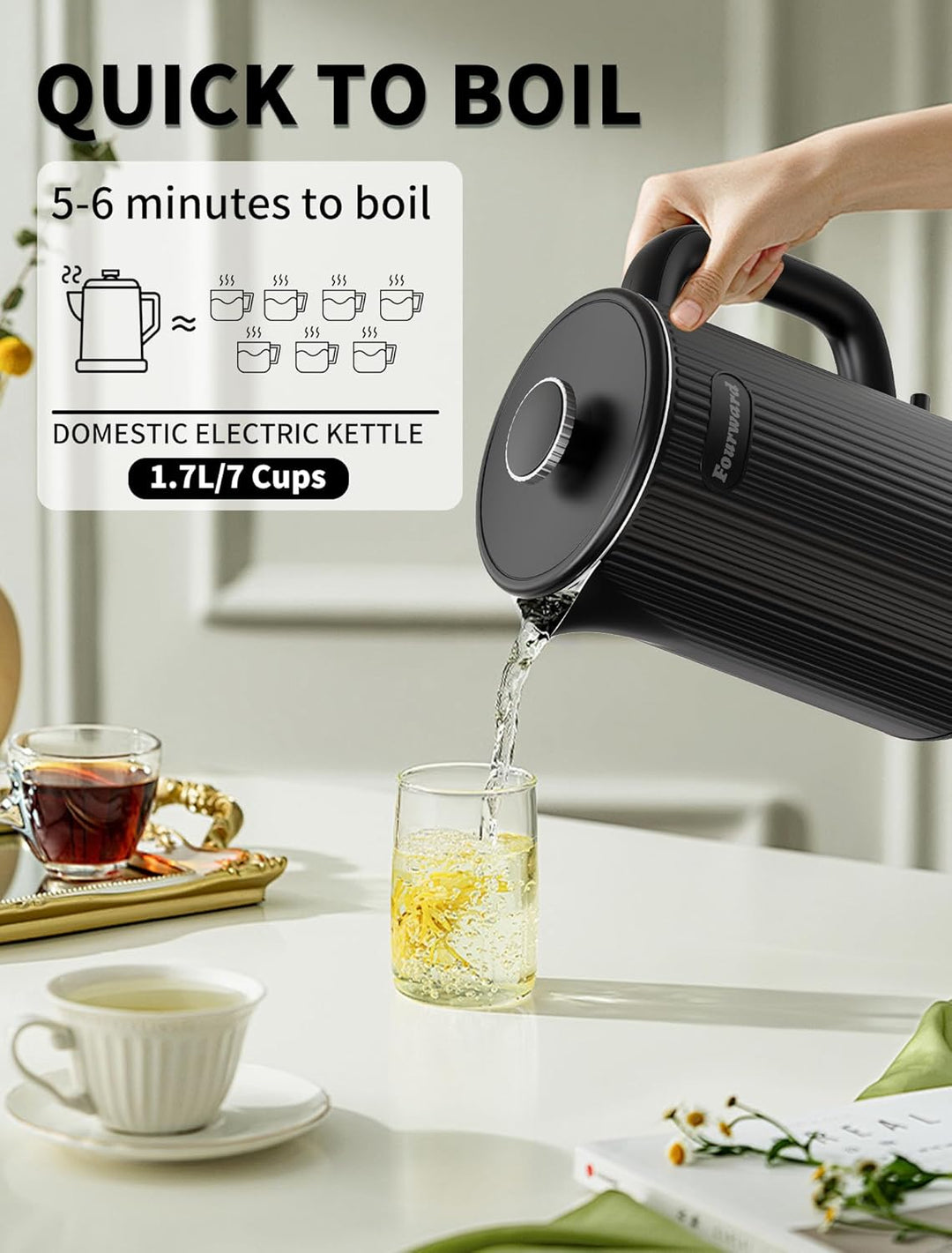 Fourward Wasserkocher - Edelstahl Kettle mit 1,7L Fassungsvermögen, 2200W Schnellkochfunktion, BPA-f