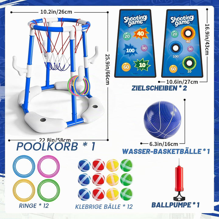 Sitodier Pool-Basketballkorb, 4-in-1-Schwimmkorb mit Ringen, Wurfspiel und haftenden Bällen für Fami