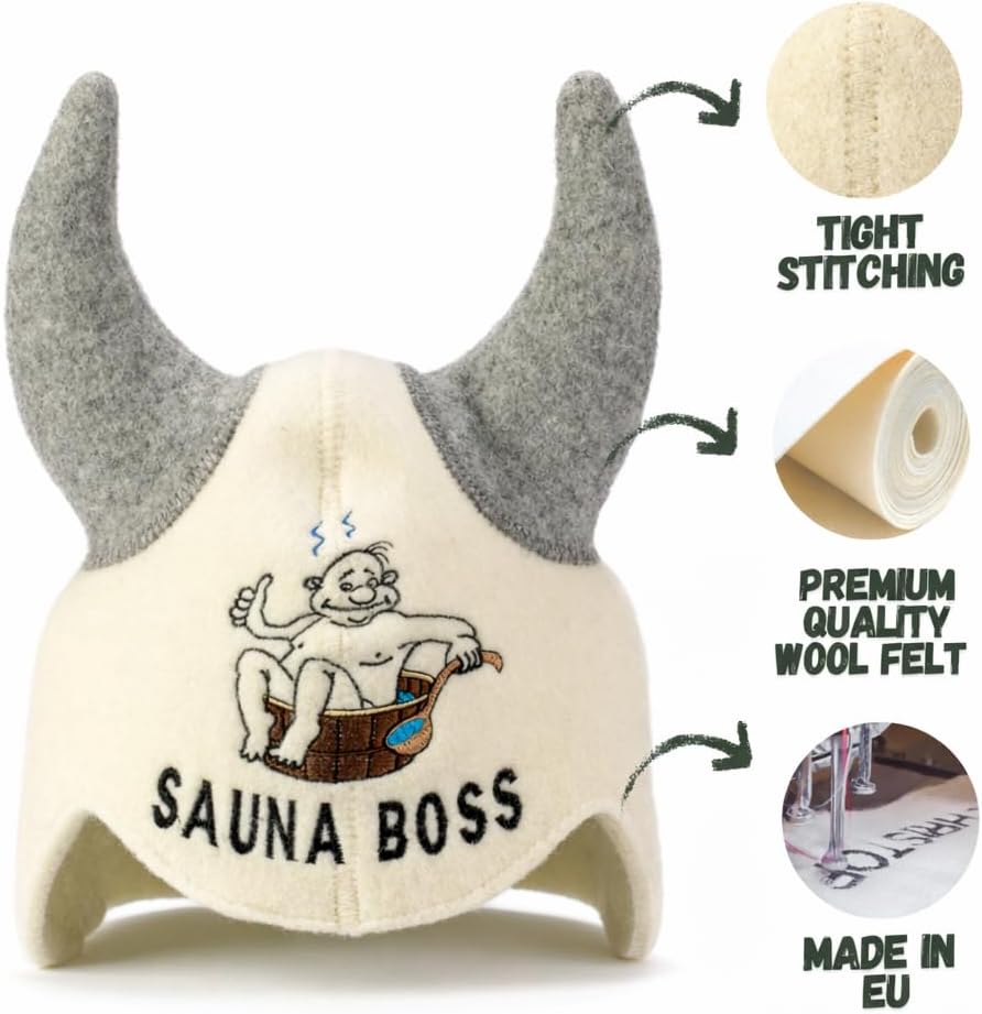 Natural Textile Saunahut 'Sauna Boss Devil' White - 100% organische Wollfilzmützen - Schützen Sie Ih