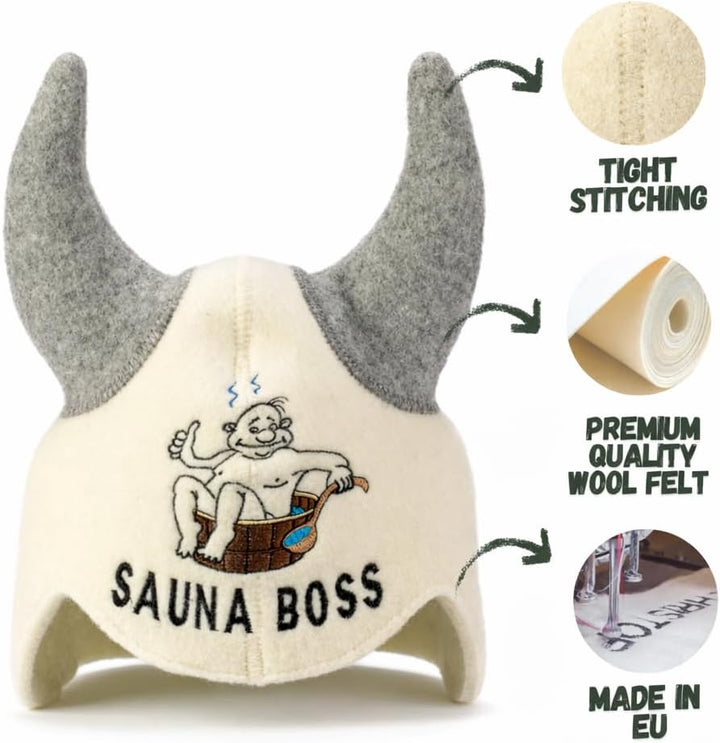 Natural Textile Saunahut 'Sauna Boss Devil' White - 100% organische Wollfilzmützen - Schützen Sie Ih