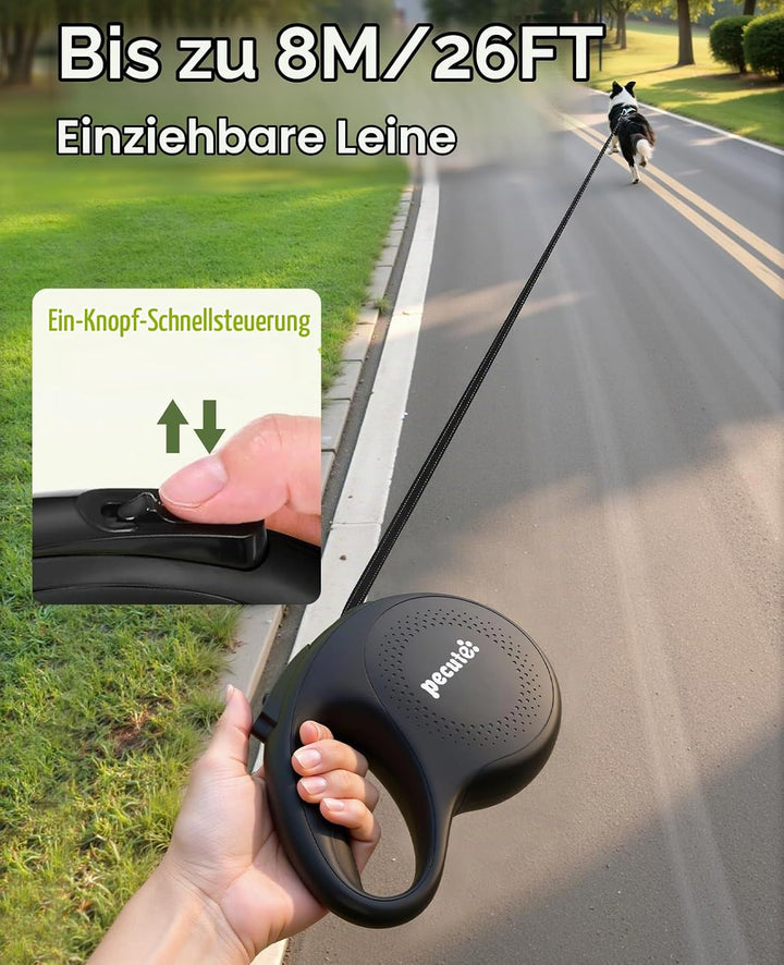 Pecute Hundeleine 8m, Rollleine für Hunde mit LED-Licht, 360° Verknotungsfreier verlängerter Leine,