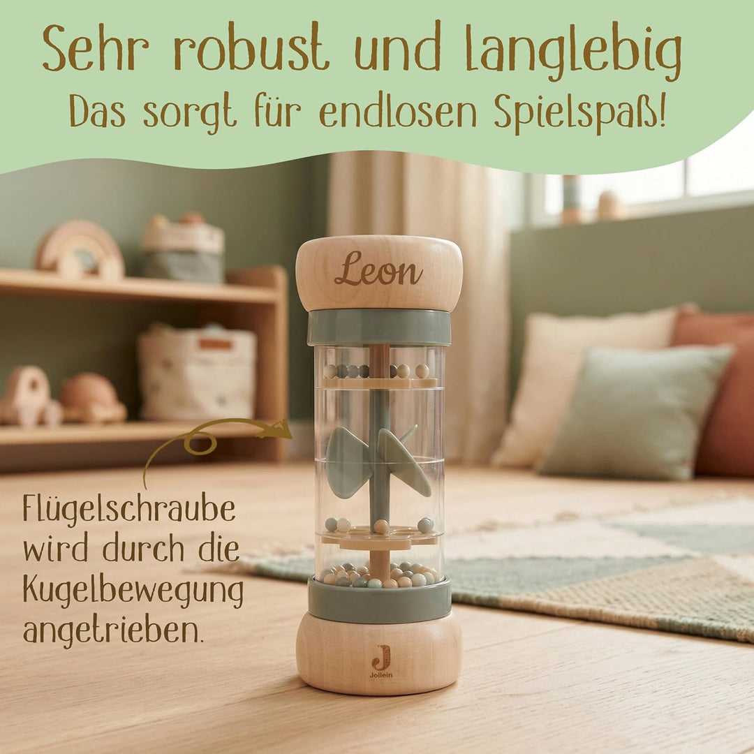 Regenmacher personalisiert mit Name – FSC Holz Baby Rassel ab 3 Monate – Geschenk zur Geburt, Taufe,