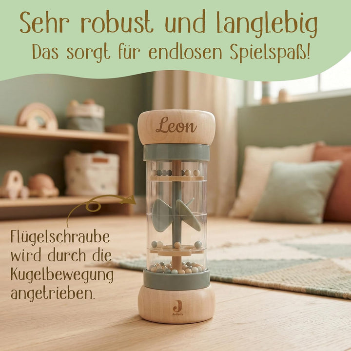Regenmacher personalisiert mit Name – FSC Holz Baby Rassel ab 3 Monate – Geschenk zur Geburt, Taufe,