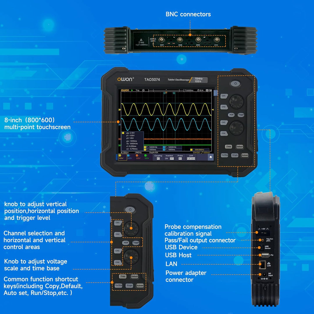 OWON Handheld-Digitaloszilloskop TAO3074, 4-Kanal-Oszilloskop mit 70 MHz Bandbreite und 1 GS/s Abtas