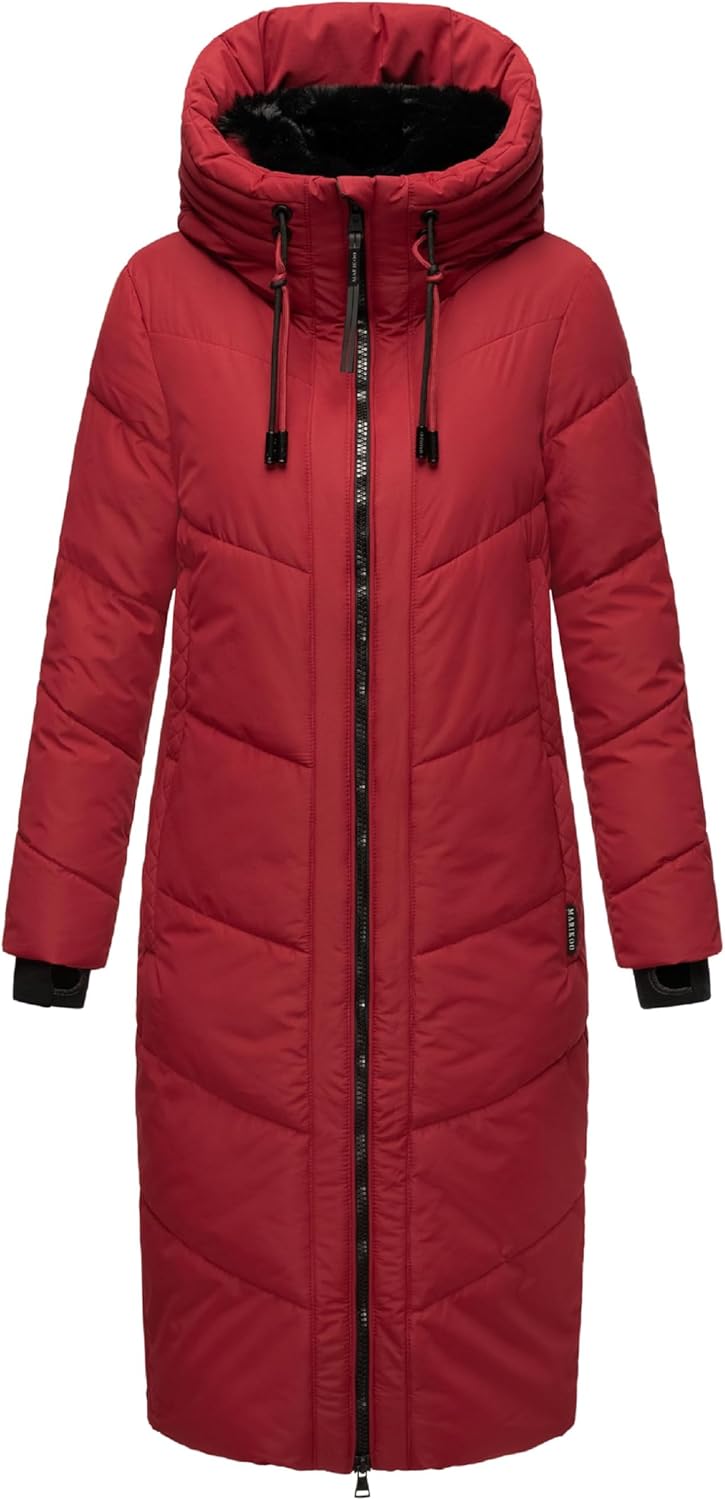 MARIKOO Damen Wintermantel warmer Steppmantel lang mit Kapuze und abnehmbarem Kunstfellkragen Nadare