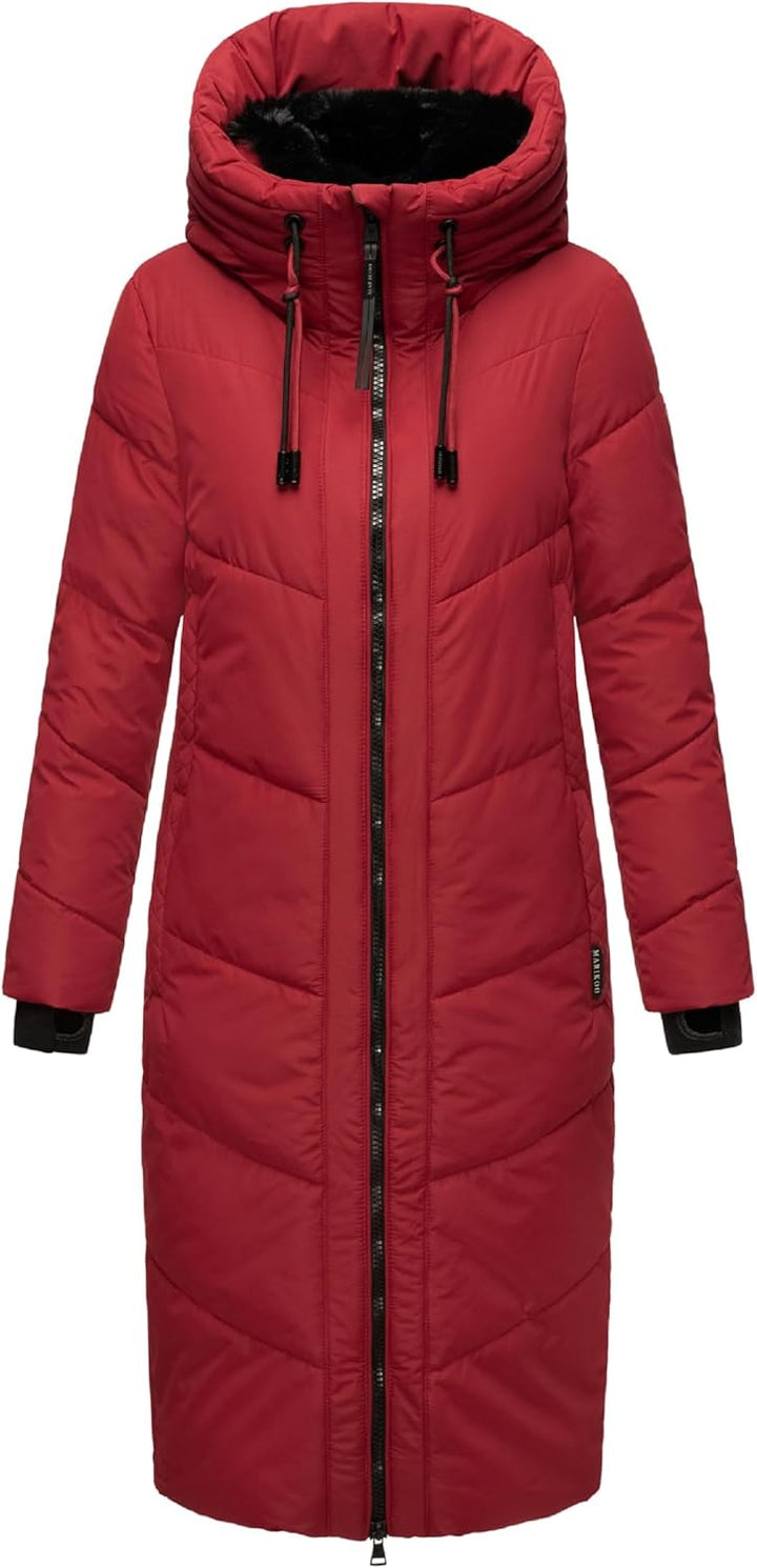 MARIKOO Damen Wintermantel warmer Steppmantel lang mit Kapuze und abnehmbarem Kunstfellkragen Nadare