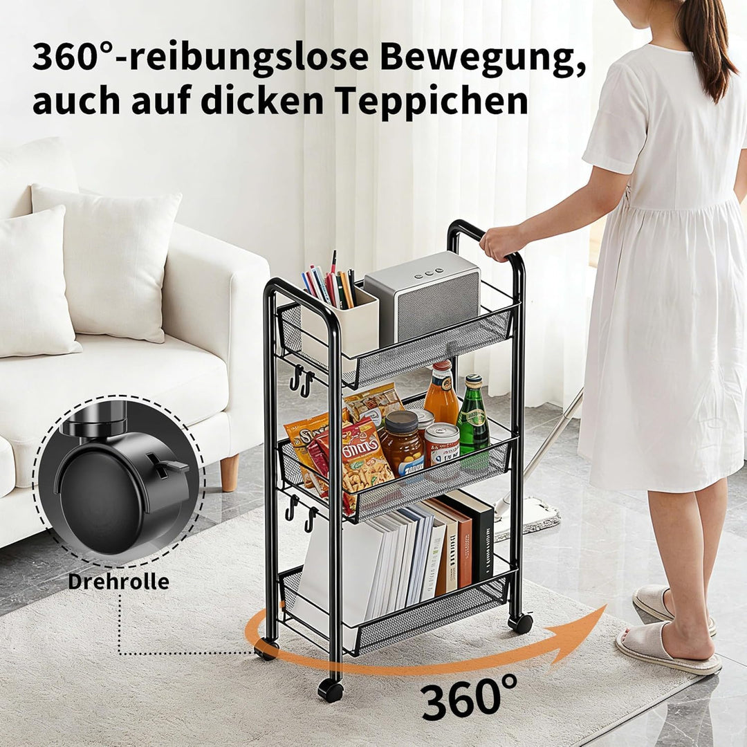Rollwagen Metall Servierwagen,Küchenwagen,Küche,360° drehbare Räder,Aufbewahrungswagen mit 3/4/5 Ebe