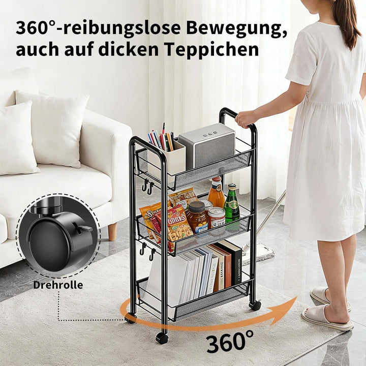 Rollwagen Metall Servierwagen,Küchenwagen,Küche,360° drehbare Räder,Aufbewahrungswagen mit 3/4/5 Ebe
