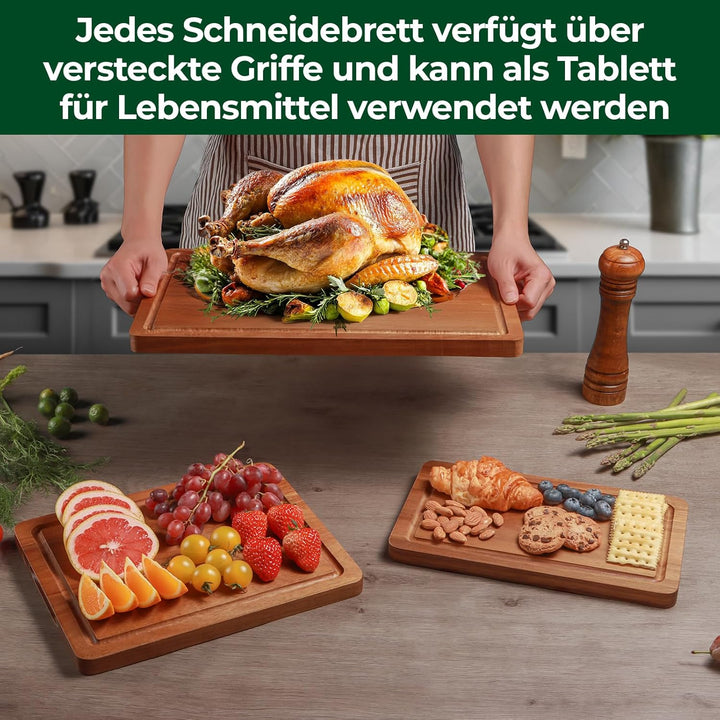 Schneidebrett Holz 3er Set, grosses Schneidebrett aus massivem Akazienholz, 2 cm dickes Küchenbrett