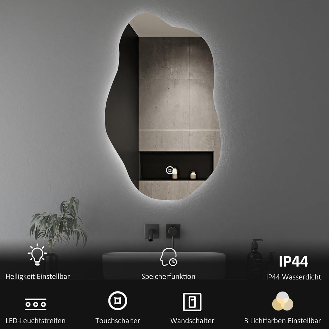 Boromal Asymmetrischer Spiegel mit Beleuchtung 62x90cm Badspiegel mit LED-Beleuchtung, Touch-Schalte