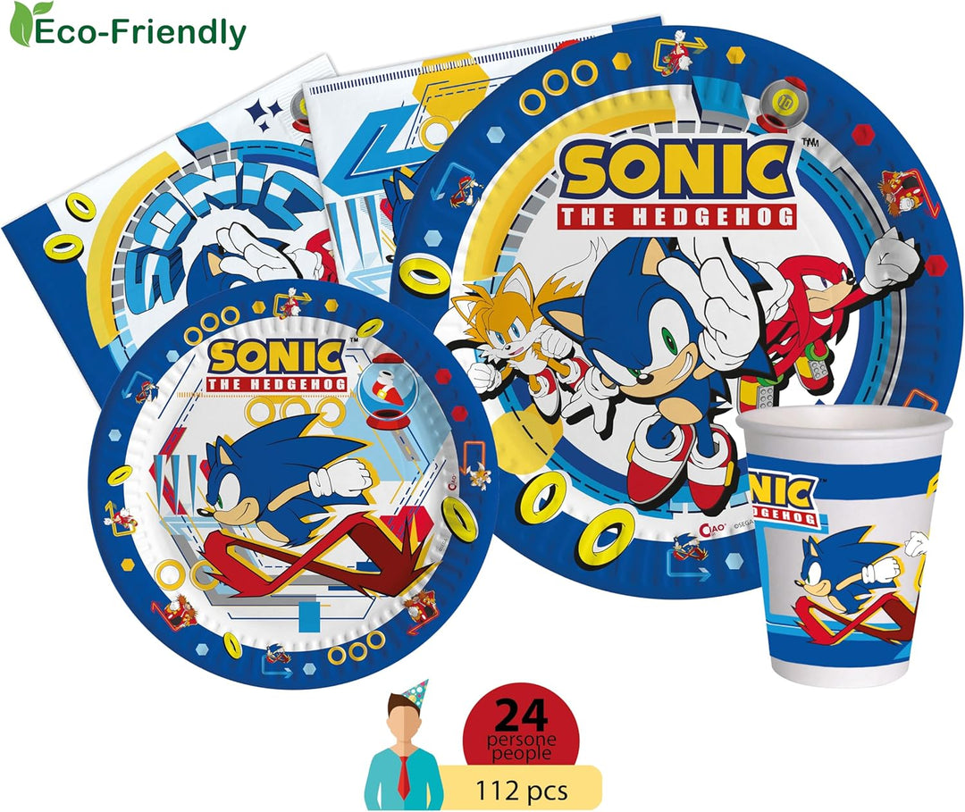 Ciao - Partygeschirr Party-Set Sonic the Hedgehog für 24 Personen (112 pcs: 24 Pappteller Ø23cm, 24