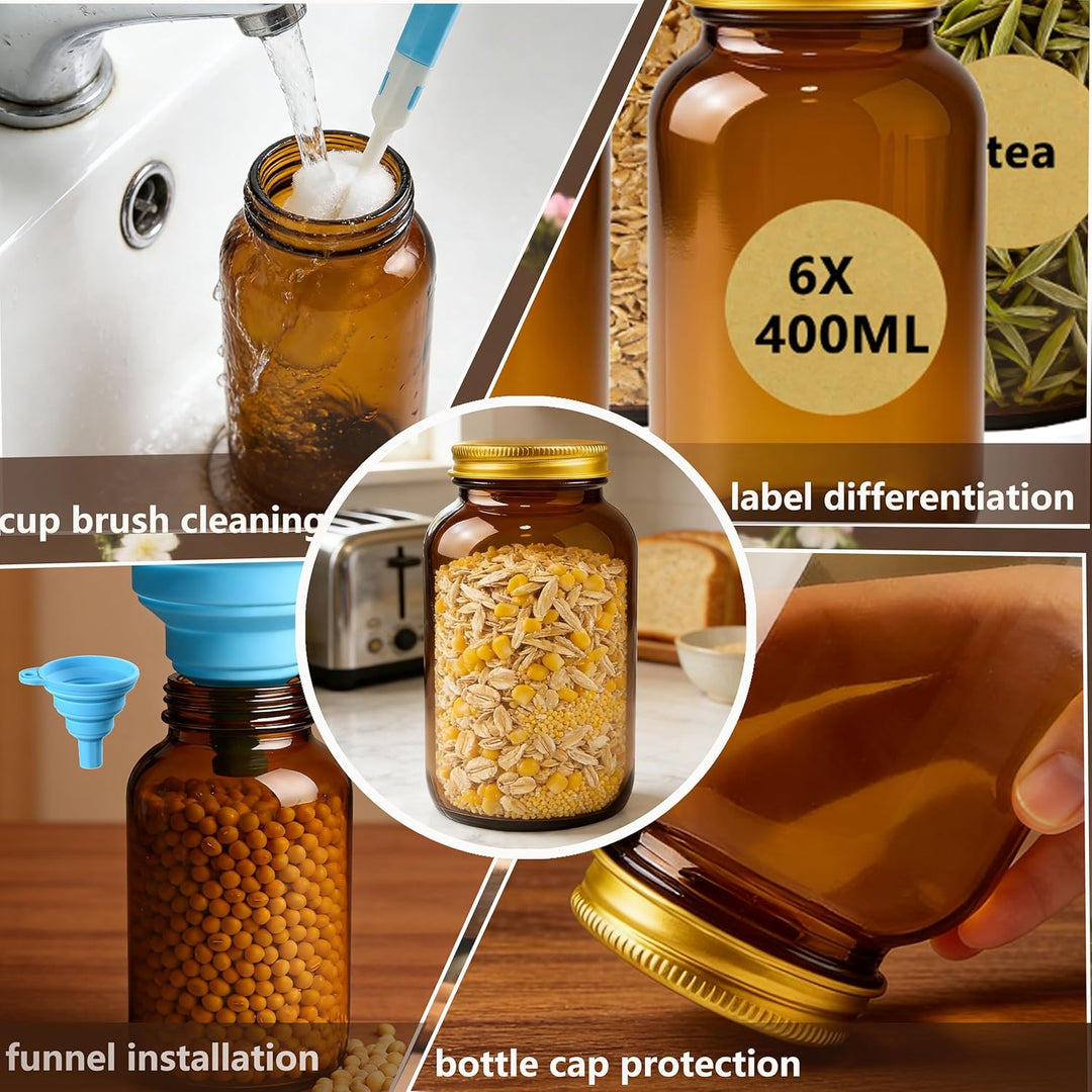 6 Stück Vorratsdosen Glas Set, Braungläser 400ml mit Deckel Luftdichtl, Luftdicht Braunglasflasche m